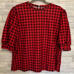 Red/Black Checkered Top Size X-Large Puffed Sleeve‎ Keyhole Back